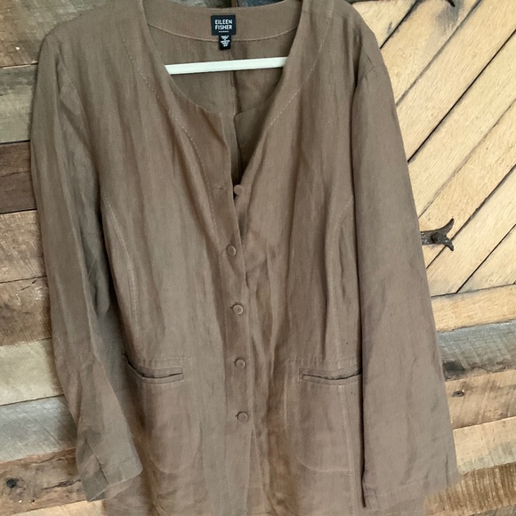 Eileen Fisher Lite Choc Top Stitched Button Down Detailed Linen Jacket NWOT- 2X - Picture 1 of 6